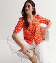 New Look Orange Ditsy Floral Frill Sleeve Blouse